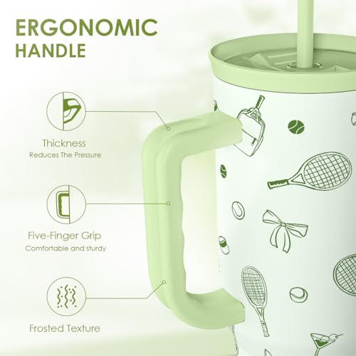 SANDJEST Tennis 40oz Tumbler With Handle and Straw, Insulated Stainless Steel Travel Coffee Mug for Women Girls Tennis Players, Gift Idea for Birthday Christmas Mothers Day - color: Tennis