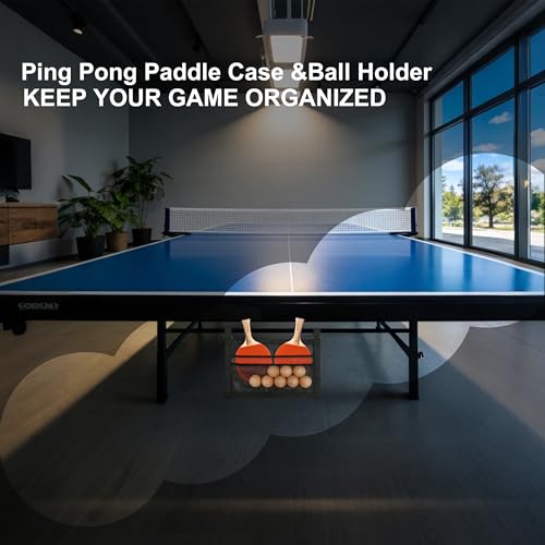 Ping Pong Paddle Holder with Mesh Storage Bag, Under Table Tennis Organizer with Adjustable Straps, Hanging Pickleball Paddle Rack for Balls & Paddles, Easy Install Space-Saving Storage