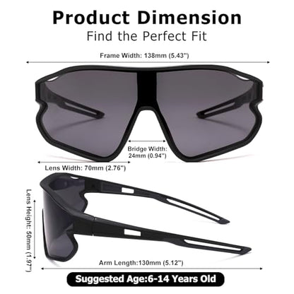 Kids Baseball Sunglasses - Youth Baseball Sunglasses for Boys Girls - Sports Softball Shades Age 6-14 - color: B6 Black / Grey