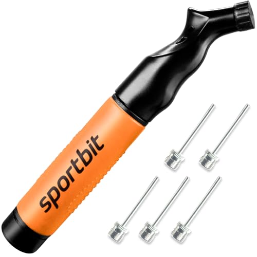SPORTBIT Ball Pump for Sports Balls - Push & Pull Inflating System - Hand Pump for Exercise Balls - Volleyball Pump, Basketball Inflator, Ball Air Pump - Goes with 5 Needles Set - color: Orange