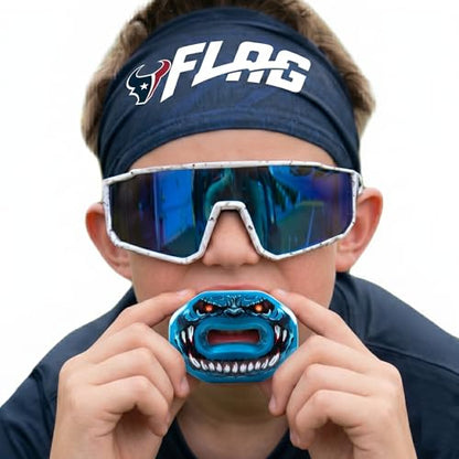 Oral Mart Flag Football Mouth Guard with 3D LipFit Design for Kids - Youth Football Mouthguard (No Boil) Cool Instant Fit Lip Guard Mouthpiece for Braces (Detachable Helmet Strap Included) - color: Audacious Invader