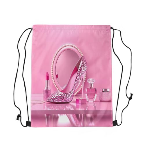 Castle Fairy Pink High Heel Drawstring Gym Bag,Rose Lipstick Foldable Waterproof Drawstring Backpack,Valentine'S Day Draw String Back Bags for Shopping,Swimming,Beach,Pink Rose - color: Pink Rose