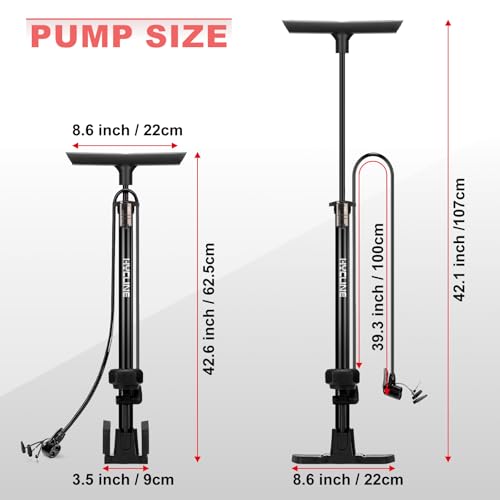 Hycline Bike Floor Pump with Gauge: Full Size 43inch 160 PSI High Pressure Bicycle Pumps - Durable Air Pump Fits Presta & Schrader Valve - Inflator for Road MTB Tire, Ball, Balloon, Inflatables