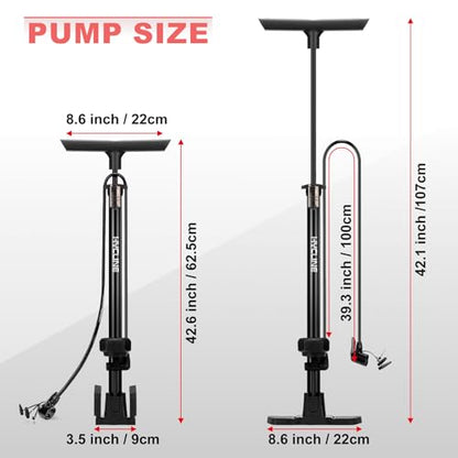 Hycline Bike Floor Pump with Gauge: Full Size 43inch 160 PSI High Pressure Bicycle Pumps - Durable Air Pump Fits Presta & Schrader Valve - Inflator for Road MTB Tire, Ball, Balloon, Inflatables