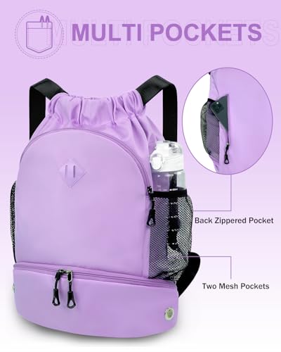 RHDZO Drawstring Backpack Gym Backpack with Shoe Compartment for Men Women String Sports Bag with Wet Pocket Cinch Swim Beach Bag, Large Purple - color: Large Purple