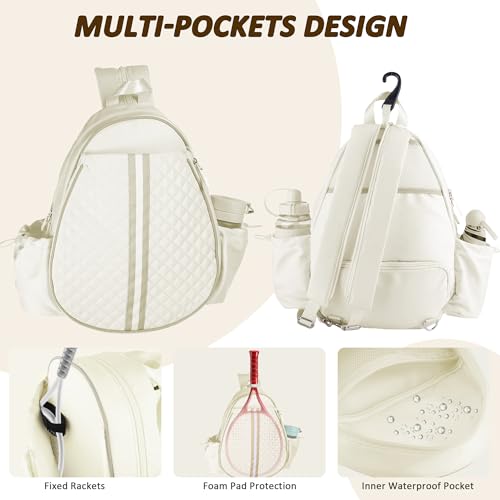 Tennis Bags for Women - Ideal Mothers Day Gifts, Quilted Tennis Sling Crossbody Backpack with Fence Hook, Water Resistant Tennis Racket Bag for Pickleball, Badminton, Beige