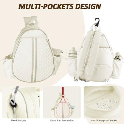 Tennis Bags for Women - Ideal Mothers Day Gifts, Quilted Tennis Sling Crossbody Backpack with Fence Hook, Water Resistant Tennis Racket Bag for Pickleball, Badminton, Beige