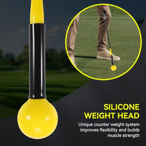 MIKOSI Golf Grip Trainer, Golf Swing Trainer Aid Warm-Up Stick for Strength Grip Tempo & Flexibility Training, Right-Handed Golf Training Aid with Arm Band for Practice Chipping Hitting (Yellow)