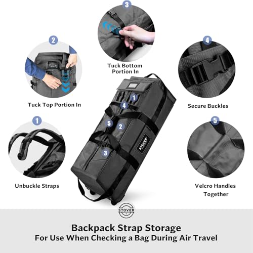 STOVER 45/80/100L Rolling Duffel Bag with Wheels, X-Large Durable Travel Duffle + Toiletry Bag, Heavy Duty, Packable with Shoulder Straps- Use as Luggage or Backpack, Men/Women (Black) - color: Black