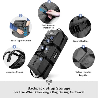 STOVER 45/80/100L Rolling Duffel Bag with Wheels, X-Large Durable Travel Duffle + Toiletry Bag, Heavy Duty, Packable with Shoulder Straps- Use as Luggage or Backpack, Men/Women (Black) - color: Black