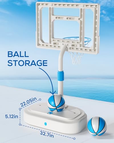 Stainless Steel Pool Basketball Hoop Poolside, Adjustable Swimming Pool Basketball Goal with 32 Inch Shatterproof Backboard, Poolside Water Basketball Hoop, 2 Balls & Pump Included (32in Pool Hoop)