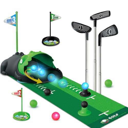 TERRAMUS Upgraded Kids Toy Golf Set with Dinosaur Automatic Golf Returner, Led Light Up Night Golf Balls, 3 Clubs, Putting Mat, 3-8 Toddler Mini Golf Games, Indoor Outdoor Sports Toys for Boys Girls - color: Black