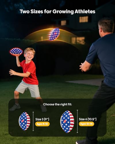 QPAU Glow in the Dark Football – Size 3 for Kids Ages 6-12, Strong Grip Light Up Night Game Ball, Backyard Camping Outdoor Toy, Pump and Batteries Included, Birthday for Boys Girls