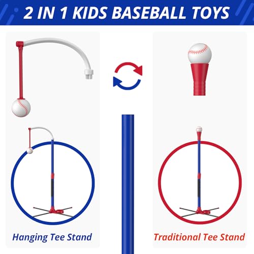 HYES 3-in-1 Baseball Set for Kids 3-5 - Tee Ball Stand, Hanging Tee, Ball Launcher and 6 Softballs - Adjustable Height, Indoor/Outdoor Sport Gifts for Boys Girls, Blue