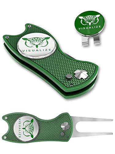 VISUALIZE Elite Switchblade Golf Divot Repair Tool Set with Ball Marker - Sturdy Anodized Aluminum - Perfect Golf Accessory Gift - color: Dark Green