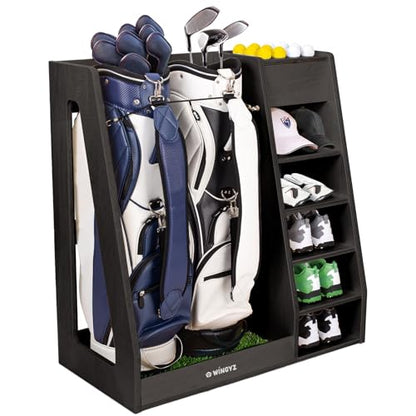 WINGYZ Premium Birch Plywood Golf Bag Storage for 2 Bags | 36lb Rock-Solid Golf Bag Organizer | 7-Shelf Command Center | Artificial Turf 12-Ball Display | No Wall Mounting Required (Black) - color: Black