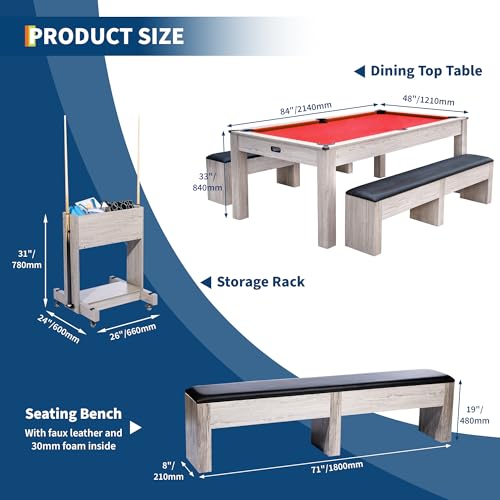 7FT 3-in-1 Pool Table with Dining Top & Table Tennis | Convertible Billiard Table for Home Game Room | Complete Set with Cues, Balls, Ping Pong Paddles, Net & Rolling Storage Caddy | Wood Grain Finish - color: Red 3 in 1