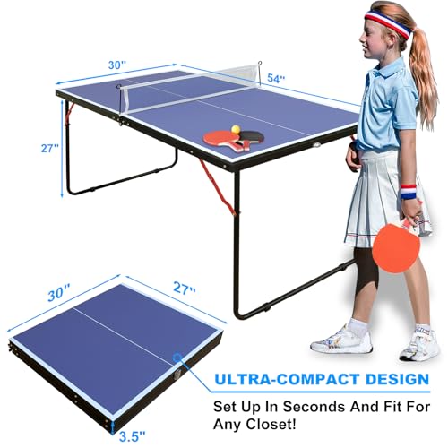 Foldable Ping Pong Table Portable 4.5FT/6FT/9FT Indoor MDF Table Tennis Table Multi-Purpose Family Game Table with Net, 2 Paddles and 3 Balls for Kid Teenager Adult - color: 4.5FT Blue Black
