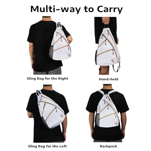 A11N SPORTS Pickleball Bag, Reversible Crossbody Sling Bag/Backpack for Women Men - color: White& Gold