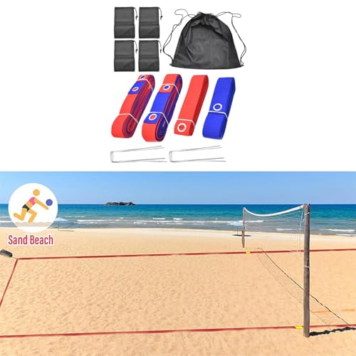 Beach Volleyball Court Boundary Lines Kit Portable with Metal Anchors 52.5 ft and 26.2 ft Line - color: Red and Blue