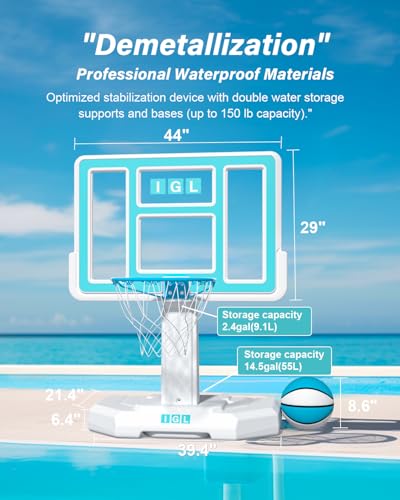IGL Pool Basketball Hoop Outdoor, Outdoor Poolside Basketball Hoop, Base & Stand Double Water Storage with 2 Ball & Inflator, Stainless Steel Basketball Rim, Fixed Height - size: 44in Backboard