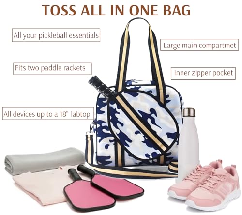 Pickleball Sports Tote Bag with Racket Holder, Neoprene, Adjustable Shoulder Strap - color: White/Blue Camouflage