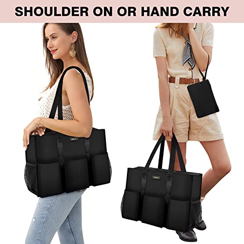 IBFUN Utility Tote Bag with 24 Pockets, Large Teacher Tote for Women with Laptop Compartment, Travel Tote Bag with Zip Top - color: A1-m-black, size: Medium