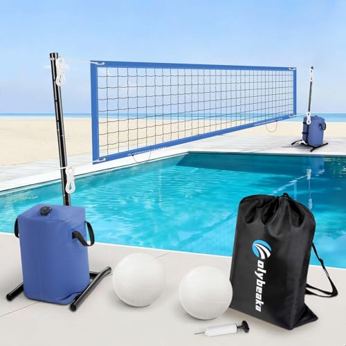 Pool Volleyball Net Set for Inground Pools | Max 30ft & 4-Height Adjustable | Angled Tension Poles + 2 Water-Filled Bags for Superior Stability | with 2 Volleybals + Storage Bag - color: Blue
