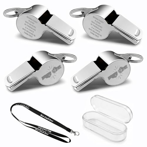 4 Pack Coach Appreciation Whistle Set Stainless Steel Engraved Whistles Fist Bump Graphics Inspirational Gifts for Coaches Team Leaders Mentors