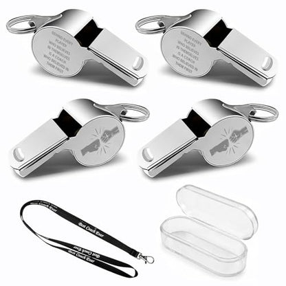 4 Pack Coach Appreciation Whistle Set Stainless Steel Engraved Whistles Fist Bump Graphics Inspirational Gifts for Coaches Team Leaders Mentors