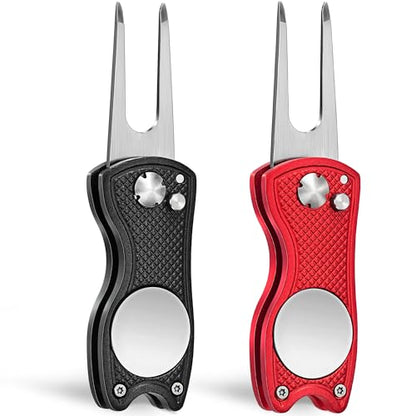 Mile High Life Golf Divot Repair Tool, All Metal Foldable Divot Tool with Pop-up Button & Magnetic Ball Marker, 2-6 Pack - color: Black/Red