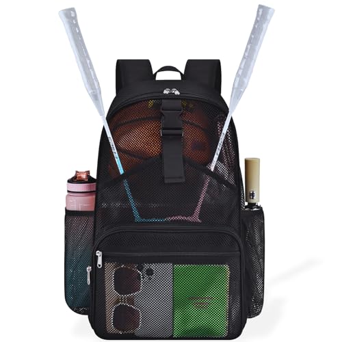 Metaverse Mesh Sports Backpack 20 Inch with Racket Holder for Men Women, Large Travel Gym Beach Backpack with Water Bottle Pockets, Breathable Comfort Shoulder Straps