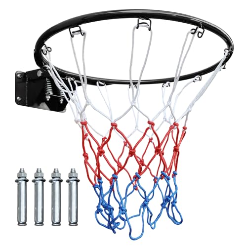 18" Basketball Rim Replacement, Wall Door Mounted Basketball Rim, Double Spring Solid Basketball Rim Replacement with Net Fits In-Ground & Wall-Mounted Basketball Hoops, Indoor/Outdoor - color: Black