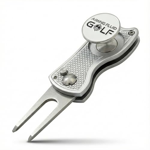 Golf Divot Repair Tool — 5-in-1 Golfing Ball Marker, Pitch Mark Repair, Putting Alignment, Club Tee, and Groove Cleaner, Accessory Metal Switchblade Design - Ideal Gift for Golfers - color: Silver