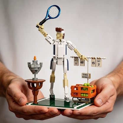 Tennis Champion Building Set for Adults – 482Pcs Kit with Metal Racket, 30 Mini Balls, Trophy & Scoreboard Stickers – Poseable Figure on Grass Court Model, Collectible Sports Diorama
