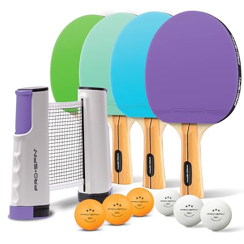 PRO-SPIN Portable Ping Pong Set with Retractable Ping Pong Net for Any Table, All-in-One Table Tennis Set with Ping Pong Paddles, Balls & Case, Table Top Family Game - color: 4-Player Set | Purple/Blue/Mint/Green