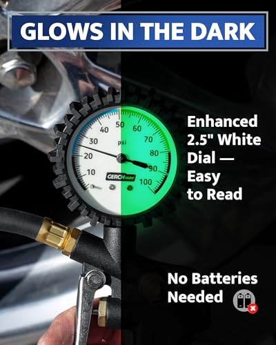 GERCHWAY Tire Inflator with Pressure Gauge – Large Glow Dial, Swivel Air Chuck with Gauge and Air Compressor Accessories – 100 PSI