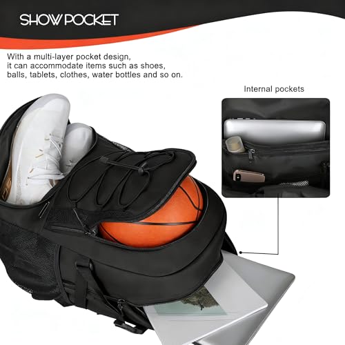 Goloni Basketball Backpack,Large Sports Bag with Ball Compartment & Shoe Compartment,Basketball Bag Fit Volleyball, soccer,Gym - color: Black
