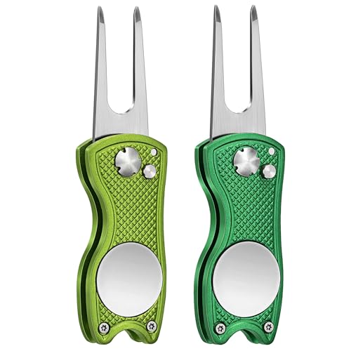 Mile High Life Golf Divot Repair Tool, All Metal Foldable Divot Tool with Pop-up Button & Magnetic Ball Marker, 2-6 Pack - color: 2 Pack (Green/Lime)