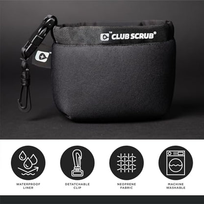 Club Scrub Golf Club and Golf Ball Cleaning Bag, Waterproof Clean Face Technology Liner, Detachable Clip, Machine Washable, Cleans Club Grooves, Dry Exterior (Neoprene or Microfiber Option Available) - color: Black, style: Neoprene
