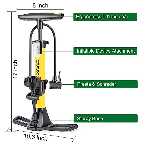 Bike Pump with Pressure Gauge- 160 PSI Bicycle Floor Pump fits Presta & Schrader Valve - Bike Pump with Air Ball Pump Inflator