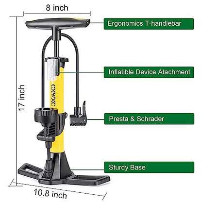 Bike Pump with Pressure Gauge- 160 PSI Bicycle Floor Pump fits Presta & Schrader Valve - Bike Pump with Air Ball Pump Inflator