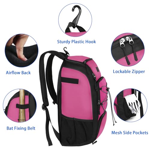 MATEIN Baseball Backpack, Softball Bat Bag with Shoes Compartment for Youth, Boys and Adult, Lightweight Baseball Bag with Fence Hook Hold TBall Bat, Batting Mitten, Helmet, Caps, Teeball Gear - color: Pink Black, size: 29L