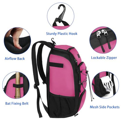 MATEIN Baseball Backpack, Softball Bat Bag with Shoes Compartment for Youth, Boys and Adult, Lightweight Baseball Bag with Fence Hook Hold TBall Bat, Batting Mitten, Helmet, Caps, Teeball Gear - color: Pink Black, size: 29L