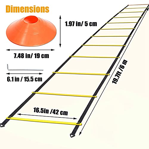 Sports Speed Agility Set 12 Disc Cones 4 Steel Stakes and Agility Ladder for Football Basketball Rugby