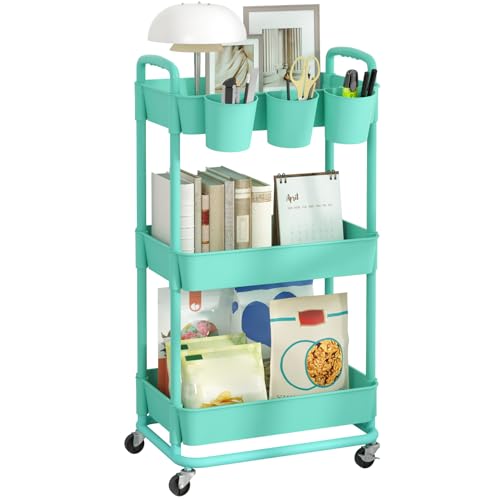 JIUYOTREE 3-Tier Plastic Rolling Storage Cart Utility Cart with Extra Hanging Cups Handles Lockable Wheels for Living Room Bathroom Kitchen Office Green - color: Green, size: 3-Tier
