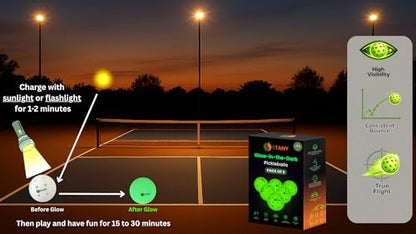 STANY Glow-in-the-Dark Pickleball Balls, Luminous, USAPA Standard, Indoor/Outdoor, 40 Holes, Ultra Visible, Nighttime Play, Unique Gift for Pickleball Lovers –6 Pack, Glows Green