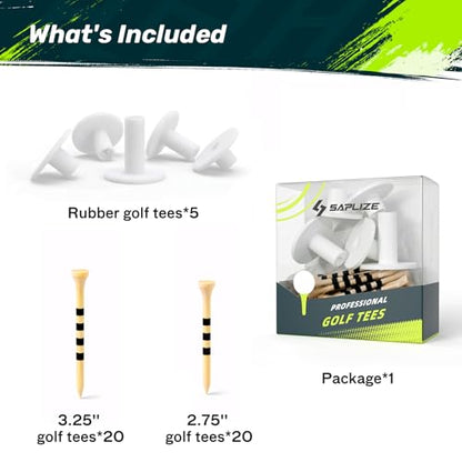 SAPLIZE 51/45/6 Pcs Rubber Golf Tees for Mats, Golf Mat Tee Set for Driving Range & Simulator, Durable Unbreakable Rubber Tees, 11 Rubber Tees + 40 Bamboo Golf Tees (2-3/4'' & 3-1/4'', 20 Each) - color: (White, 5pcs) & 40pcs bamboo tees