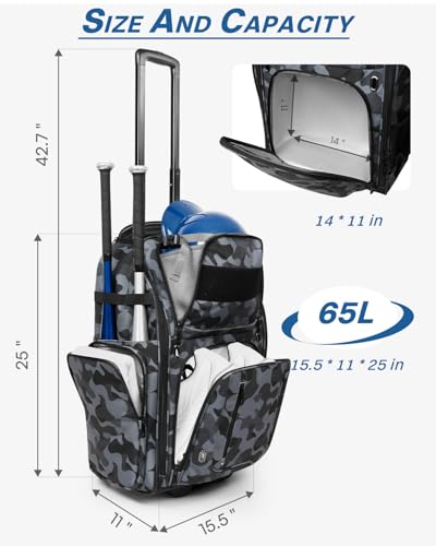 AUROTIER Rolling Baseball Bag with Wheels, Large All-Terrain Wheeled Softball Bag Holds 4 Bats, Water-Resistant Baseball Roller Backpack with Shoe Compartment and Fence Hooks for Players and Coaches - color: Black Camo