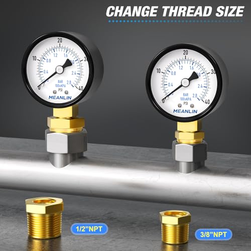 0-40Psi 2" DIAL FACE 1/4" NPT Well Pump Pressure Gauge, with 1/2" NPT and 3/8" NPT Hex Bushing, 3-2-3% Accuracy, Lower Mount - size: 0-40Psi, style: 1/4"NPT Lower Mount